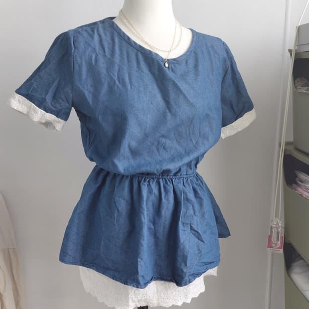 [빈티지] 청 데님 레이스 반팔 블라우스