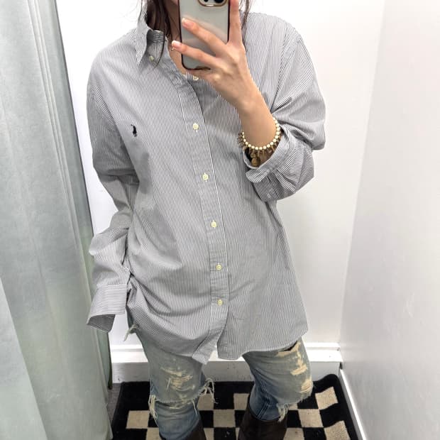 폴로 블랙화이트 스트라이프 슬림핏 코튼 셔츠