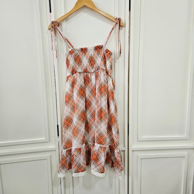 오렌지 체크 끈 캉캉 원피스
