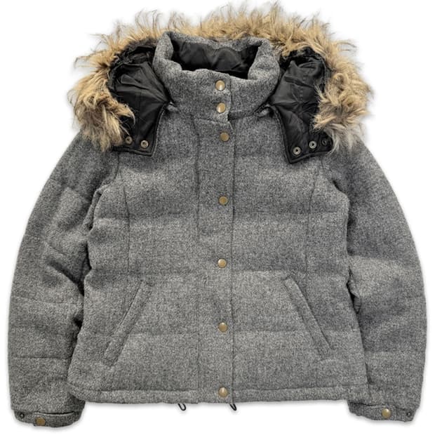 빈티지 Harris Tweed 그레이 퍼 숏 패딩