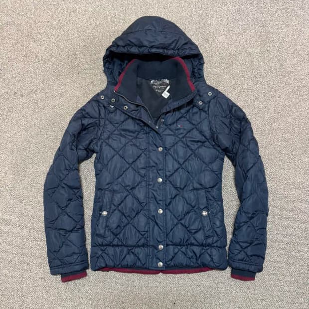 S 타미힐피거 네이비 퀼팅 후드 패딩 점퍼