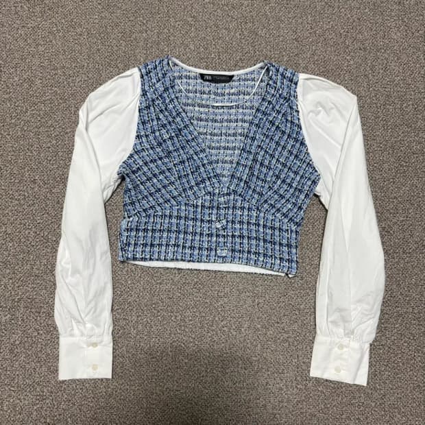 Xs 자라 블루 트위드 셔츠 블라우스