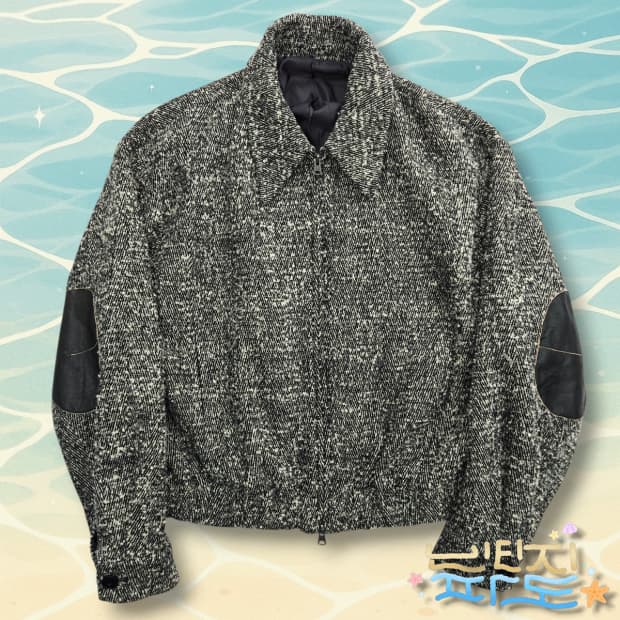 M COOR 쿠어 헤링본 트위드 레더 패치 블루종