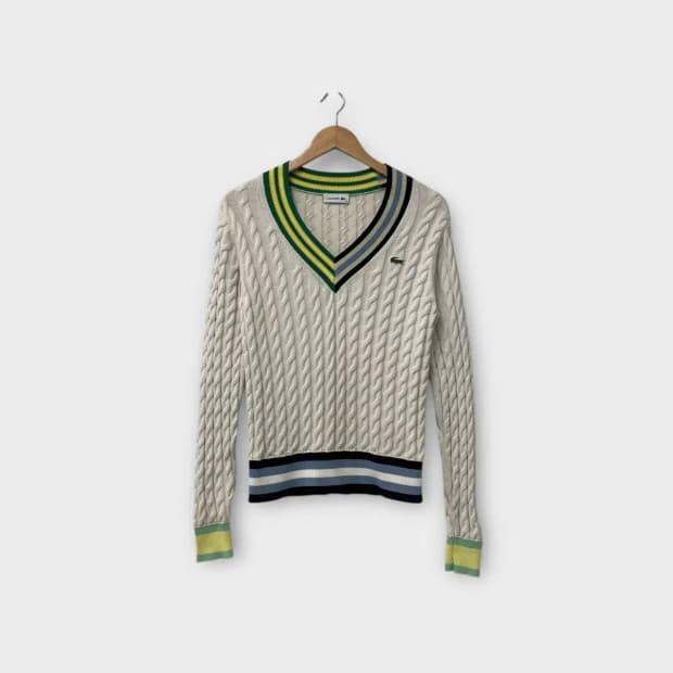라코스테 컬러블록 V넥  케이블 스웨터 90