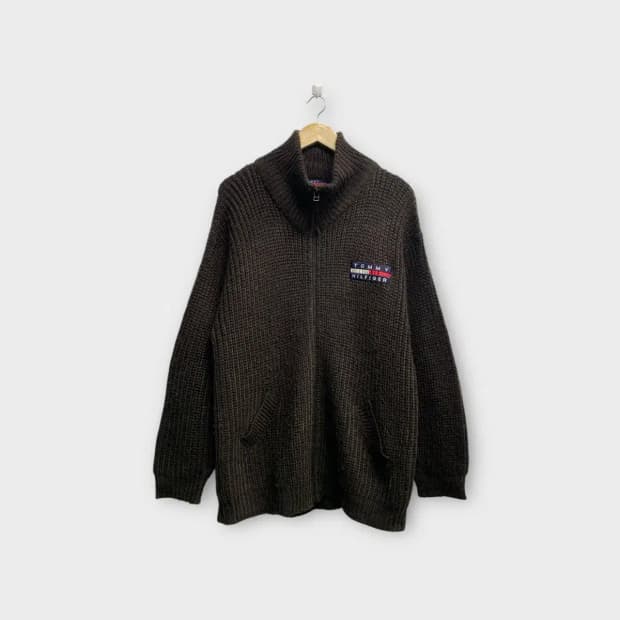 타미힐피거 빅로고 니트 풀집업 가디건 L