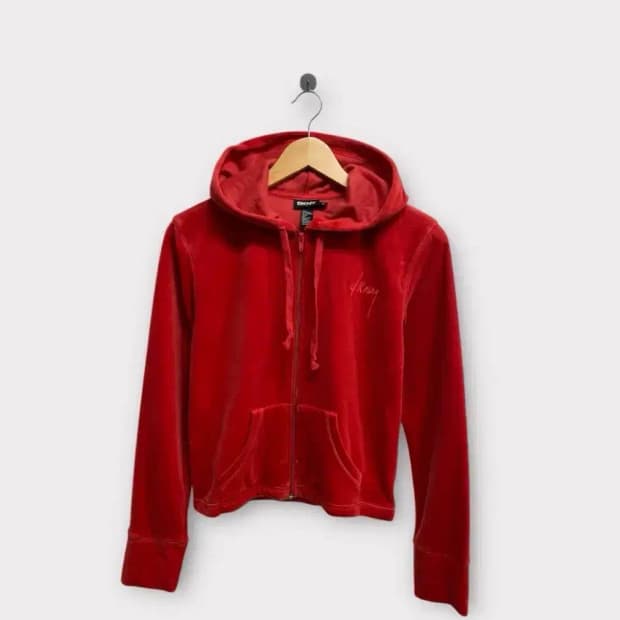 DKNY 레드 벨벳 집업 후디 M