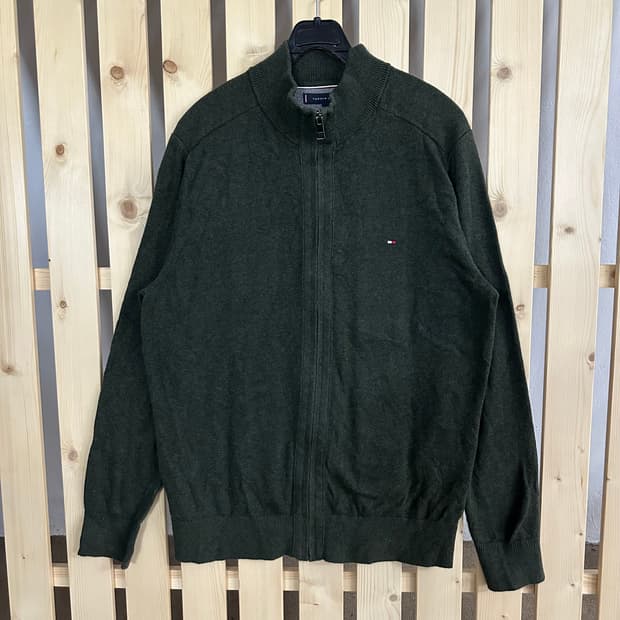 (L) 타미힐피거 카키 니트 집업 가디건