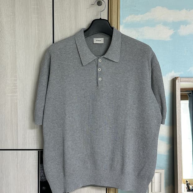 (3) 인더로우 코튼 반팔 카라니트 그레이멜란지