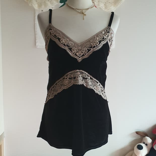 [빈티지] 벨벳 레이스 블랙 슬립 탑