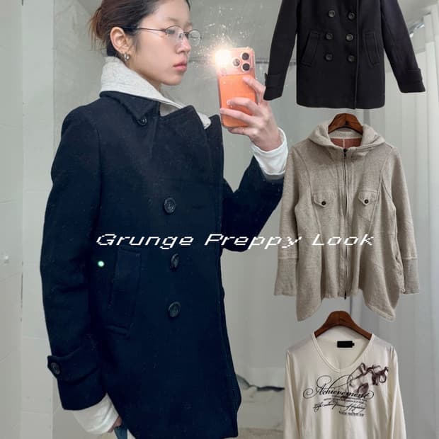 그런지 프레피 더블 코트 상의 세트