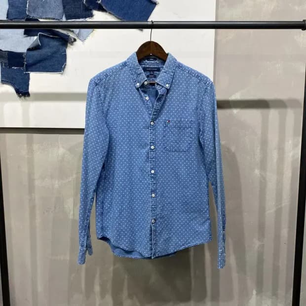 (100) 타미힐피거 캐주얼 슬림핏 패턴 데님 셔츠 청남방