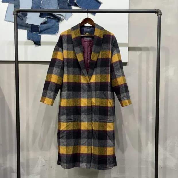 (F) 랩 여성 캐주얼 체크 울 모헤어 싱글 롱코트