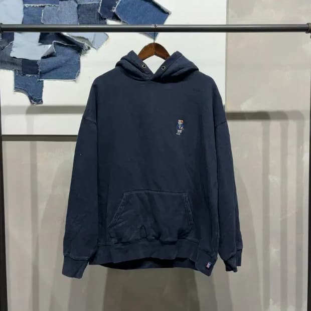 (105) 예일 스트릿 캐주얼 곰돌이자수 네이비 기모 후드티
