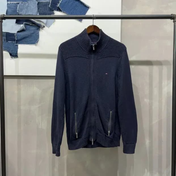 (100) 타미힐피거 캐주얼 자수 네이비 투웨이 니트집업 자켓
