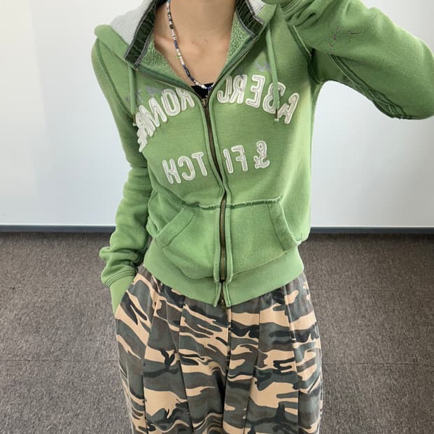 Abercrombie 아베크롬비 스펠아웃 로고 2-way 그린 후드집업