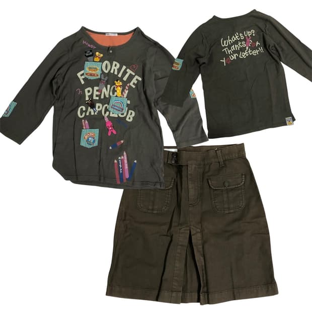 y2k 빈티지 그런지 카고 코디세트 스커트 긴팔 티셔츠