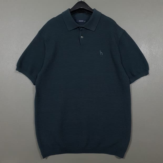 헤지스 신형 21ss 다크그린 카키 짜임 코튼 블렌드 반팔 카라 니트 L