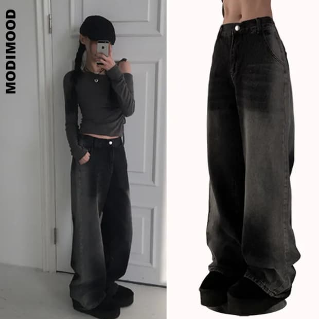 워싱 흑청 와이드 팬츠