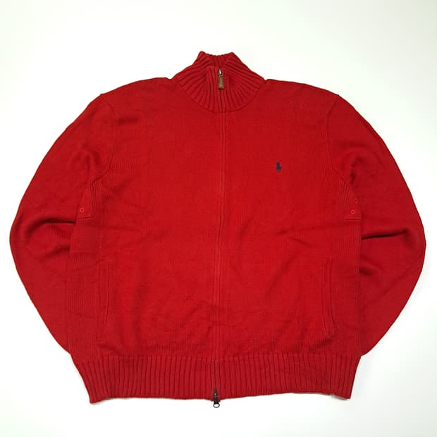 CL028 폴로 코튼 레더풀러 네이비포니 레드 풀집업 니트 스웨터