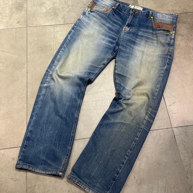 Evisu jeans 무지개 스티치 빈티지 워싱 와이드 데님 팬츠