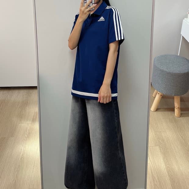 아디다스 네이비 삼선 카라 반팔 티셔츠
