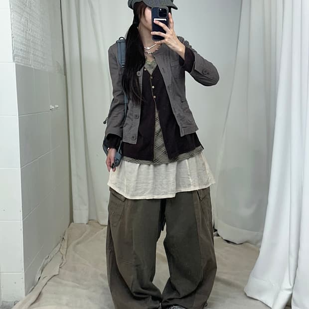 빈티지 카키 브라운 너드 니혼진 러힙 코디세트