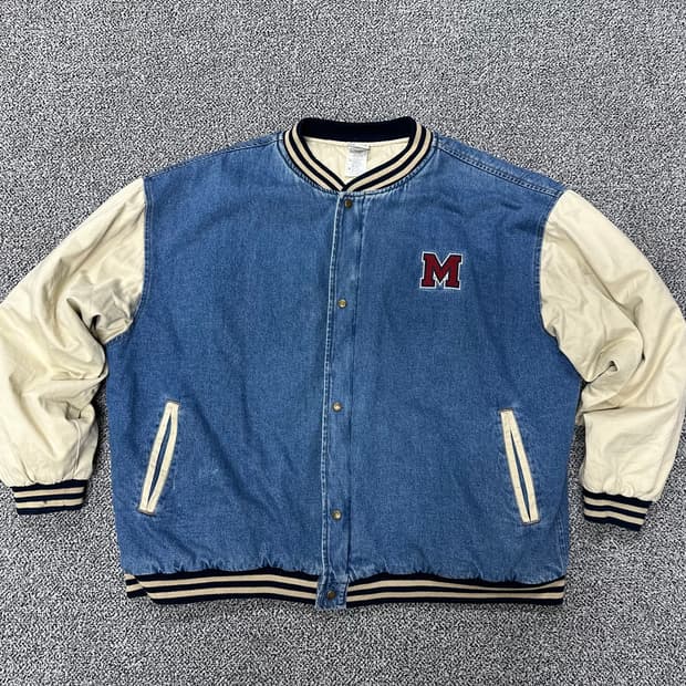 (3XL)90s 디즈니 미키 자수로고 데님 바시티