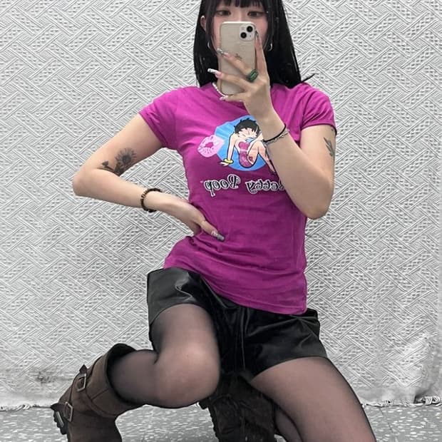 베티붑 빈티지 레트로 Y2K 갸루 핑크 프린팅 반팔티 M C12735