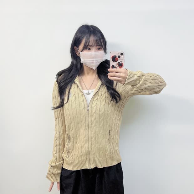 폴로 랄프로렌 RL자수 로고 케이블 니트 집업 베이지