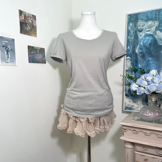 khaki gray basic cotton puff top(size-M)