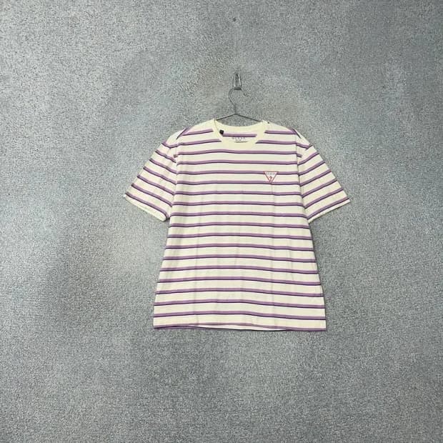 게스 로고 스트라이프 퍼플 반팔 티 L