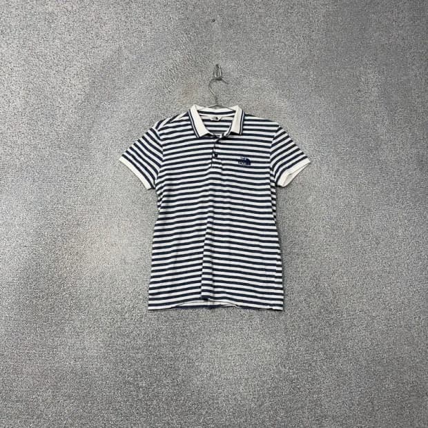 노스페이스 스트라이프 블루 로고 남성 린넨 반팔 카라티 S