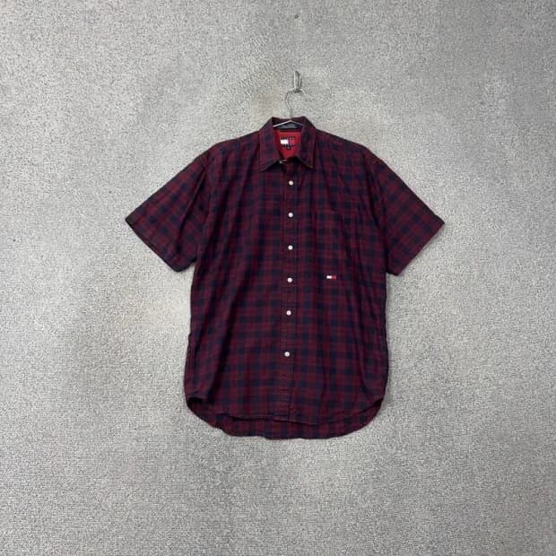 타미힐피거 빈티지 버건디 체크 반팔 셔츠 M