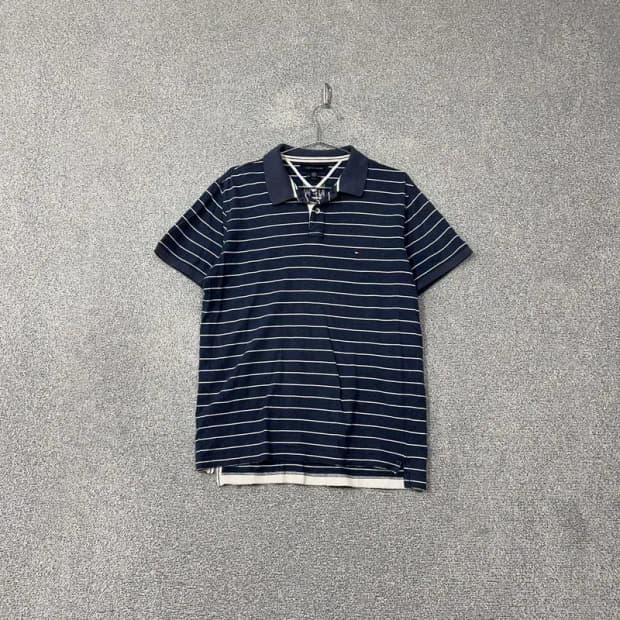 타미힐피거 스트라이프 네이비 로고 반팔 카라티 L/G