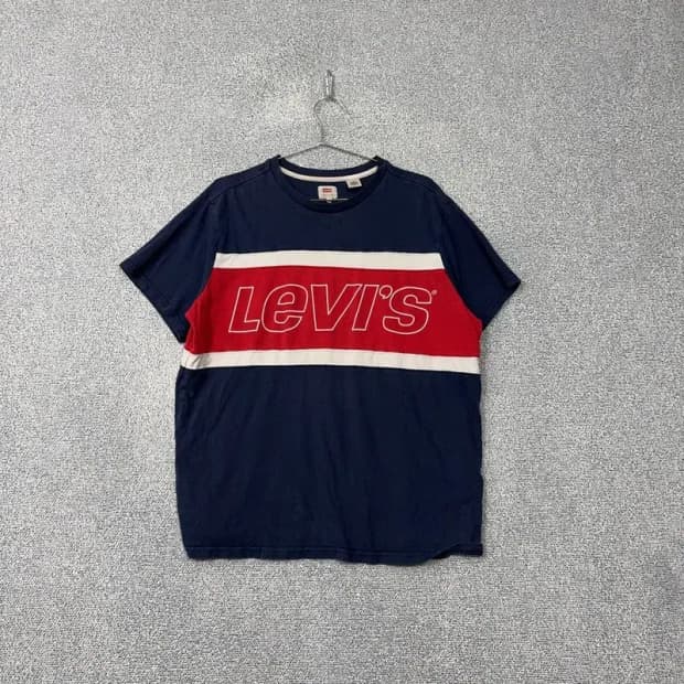 리바이스 스트라이프 프린팅 네이비 반팔 티 L
