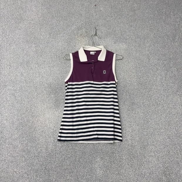 와이드앵글 로고 스트라이프 퍼플 민소매 카라티 95