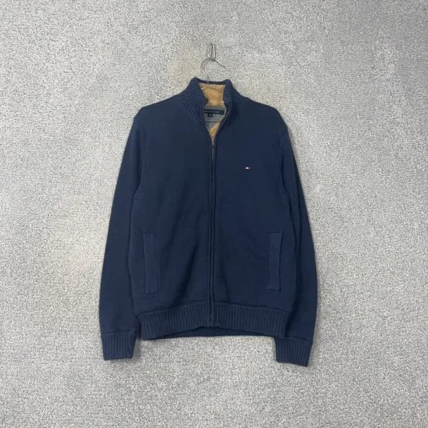 타미힐피거 네이비 로고 코튼 반집업 니트 집업 S