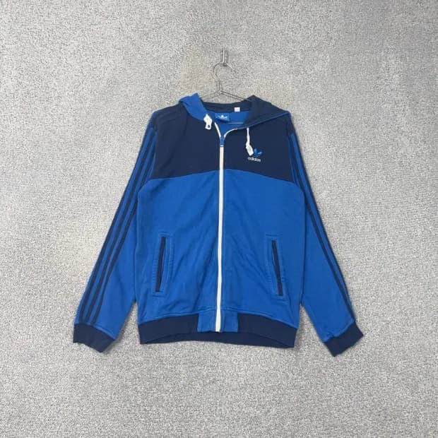 아디다스 블루 불꽃 로고 삼선 오버핏 후드집업 100