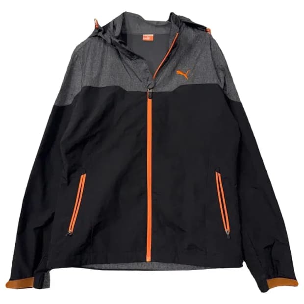 푸마 블랙 그레이 로고 투톤 기능성 후드 바람막이 M