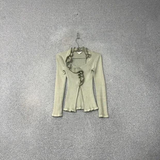 빈티지 연두 골지 레이스 니트 가디건