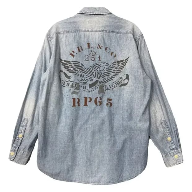 폴로 릴렉스핏 빈티지 백프린팅 워싱 데님 셔츠 S