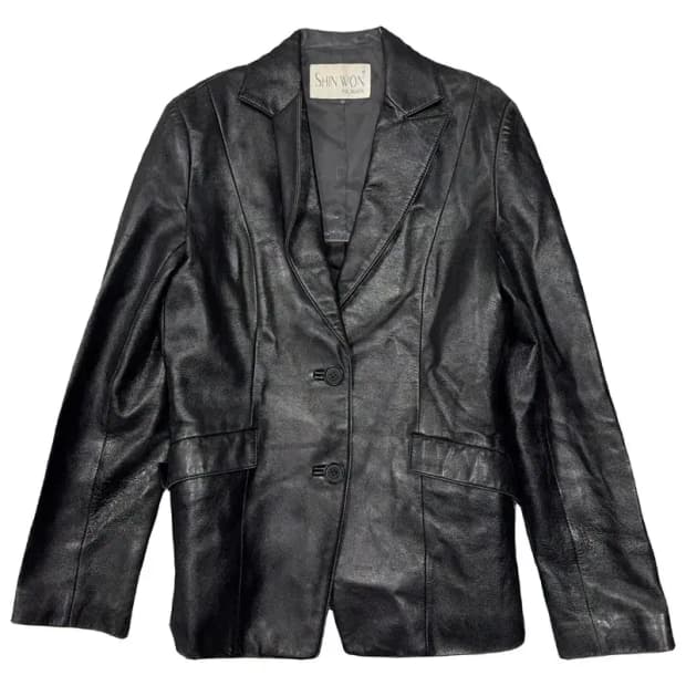 블랙 빈티지 여성 가죽 투버튼 블레이저 M