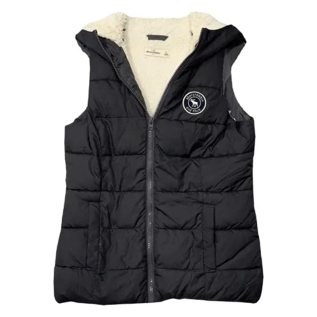 아베크롬비 블랙 자수 로고 양털 패딩 조끼 S