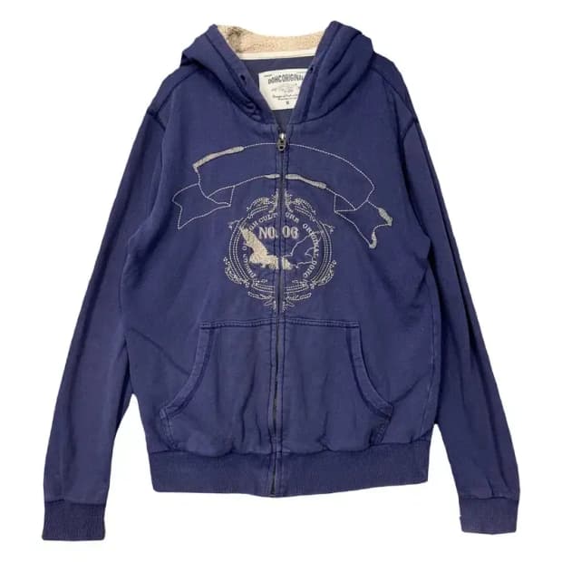DOHC 빈티지 Y2K 프린팅 네이비 양털 후드 집업 M