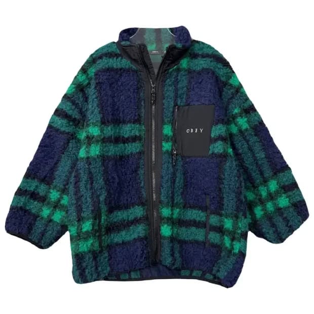 오베이 체크 블루 그린 뽀글이 후리스 집업 M