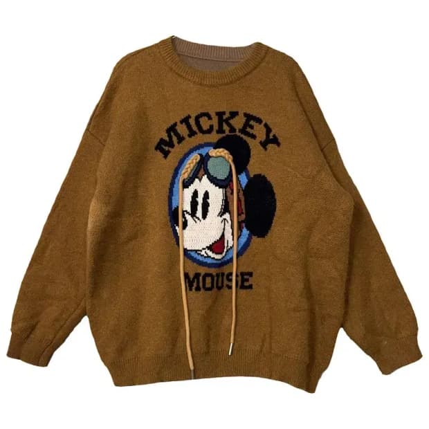 미키마우스 프린팅 브라운 빈티지 오버 사이즈 니트 F