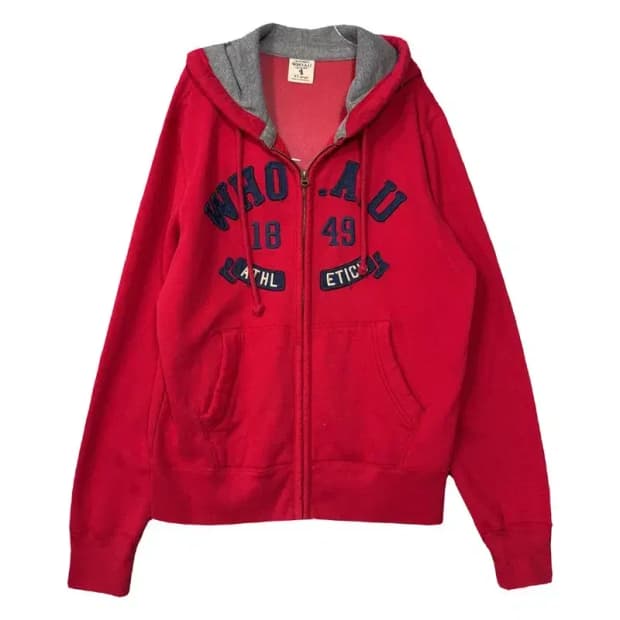 후아유 Y2K 자수 로고 레드 후드 집업 L