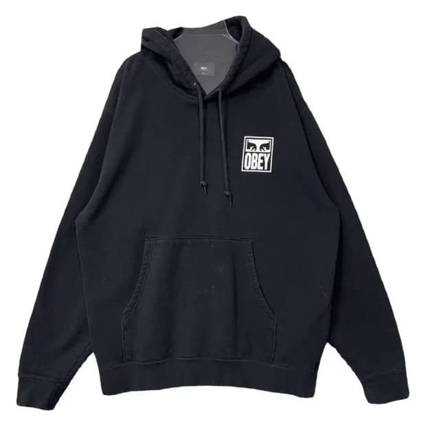 오베이 블랙 로고 프린팅 빈티지 후드티 XL