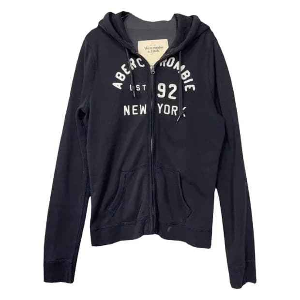 아베크롬비 Y2K 자수 로고 네이비 후드 집업 L