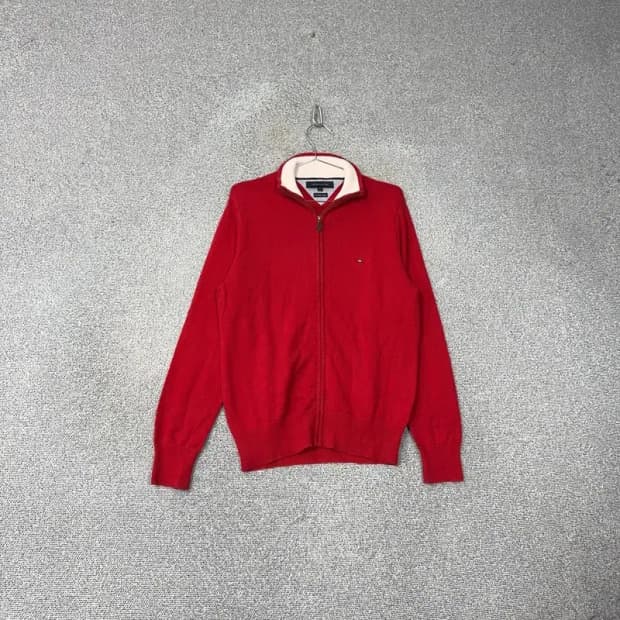타미힐피거 프리미엄 코튼 레드 로고 니트 집업 M